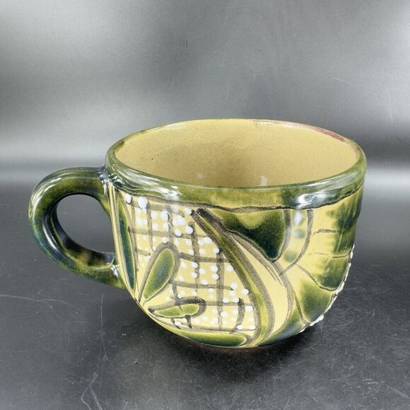 Vintage Mexico Pottery Talavera Large Oversize Coffee Mug Cup Green Glazed VTG - Picture 10 of 15